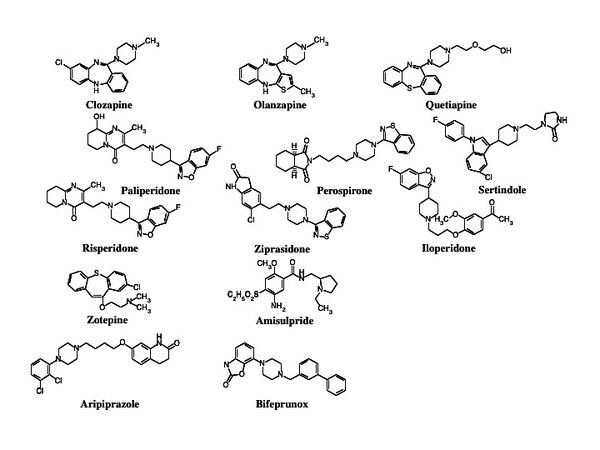 図2　代表的な第2,3世代抗精神病薬の化学構造式